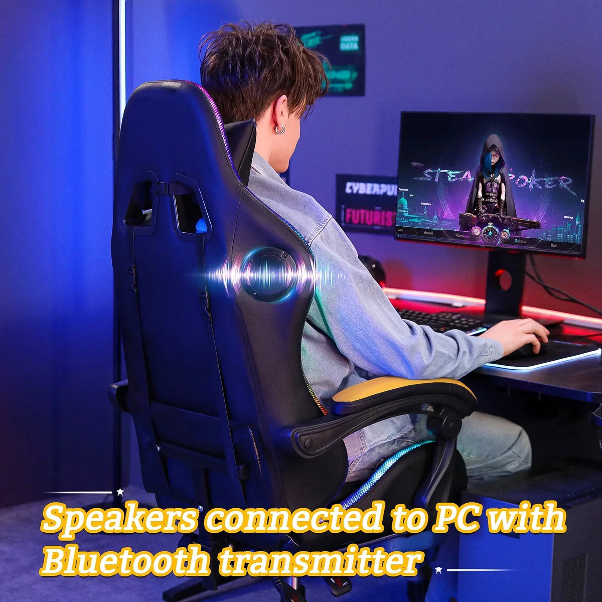 Nouveauté 2026 – Fauteuil de jeu Hoffree avec haut-parleurs intégrés, en cuir PU, repose-pieds et éclairage LED. Fauteuil ergonomique pour gamer avec massage, soutien lombaire et appui-tête pivotant et réglable. Idéal pour le télétravail et le bureau