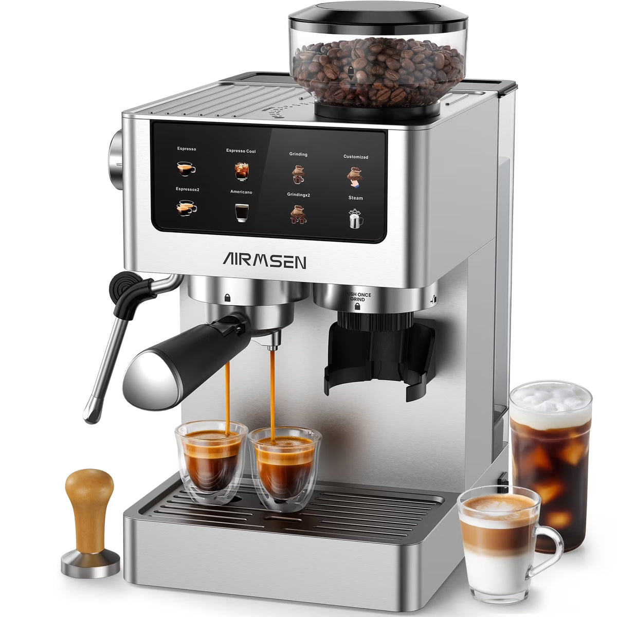 Nouveauté 2026 – Machine à expresso AIRMSEN avec broyeur intégré, permettant de personnaliser la mouture et le volume de café, idéale pour le cappuccino, le latte et l'americano. Finition en acier inoxydable brossé