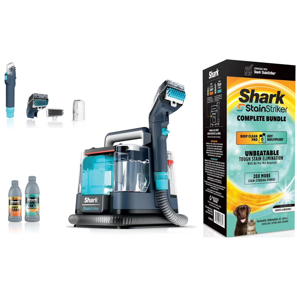 Nouveauté 2026 – Nettoyant pour tapis et tissus d'ameublement Shark StainStriker , portable avec 2 accessoires, 177 ml de formule Deep Clean Pro et 355 ml de formule OXY Multiplier, PX200 bleu marine/blanc