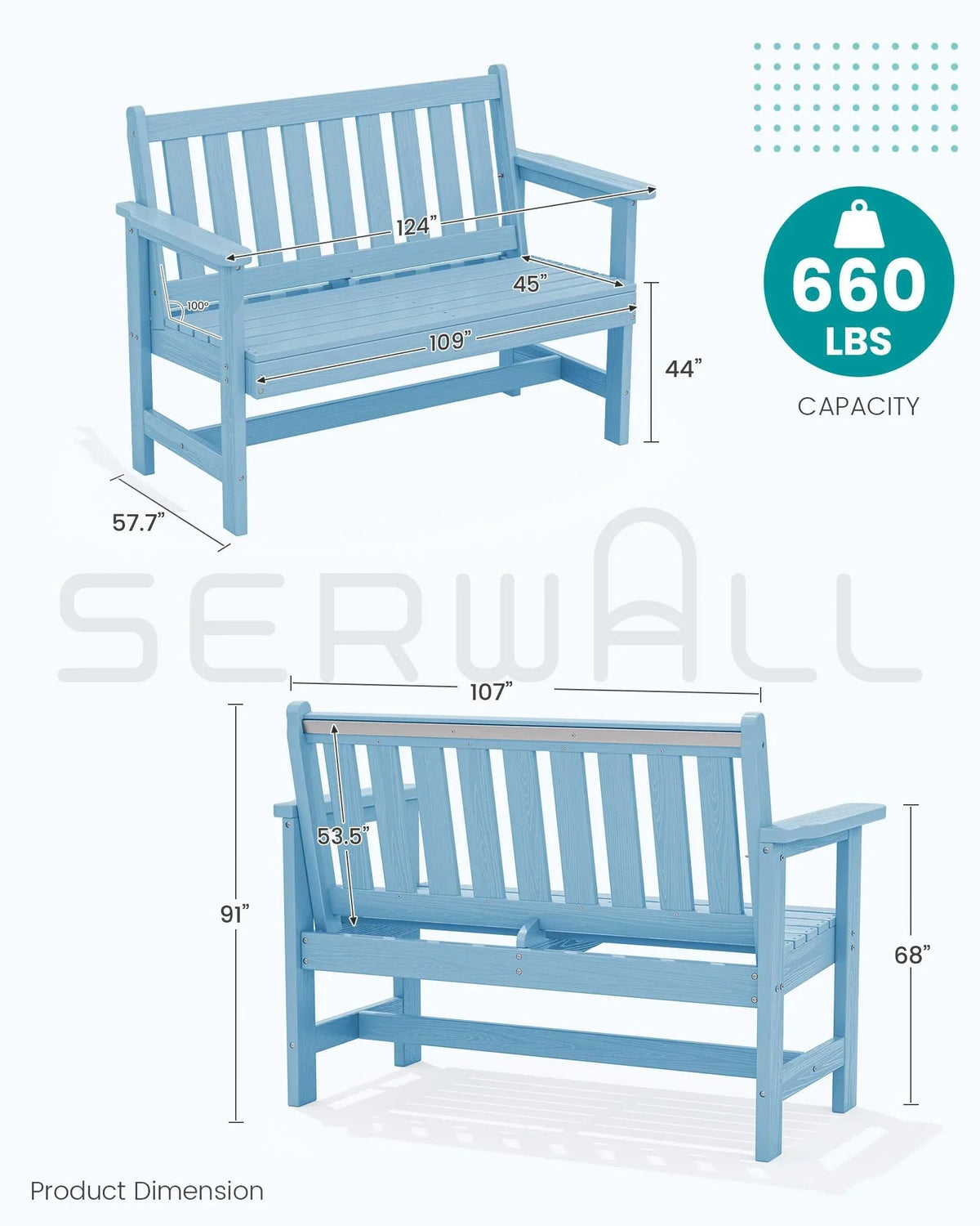 Nouveauté 2026 – Banc d'extérieur SERWALL pour 2 personnes, en PEHD résistant aux intempéries avec renforts en aluminium, supporte jusqu'à 300 kg, confortable pour terrasse, jardin et véranda, noir