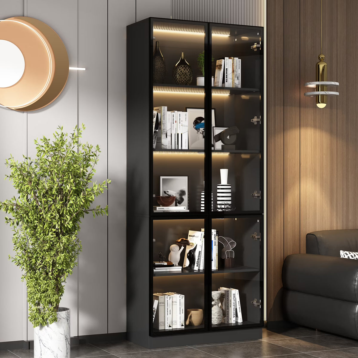 Nouveauté 2026 – Bibliothèque/organisateur KULAGAGA avec éclairage LED, vitrine robuste avec porte vitrée pour salon, 80 cm de large