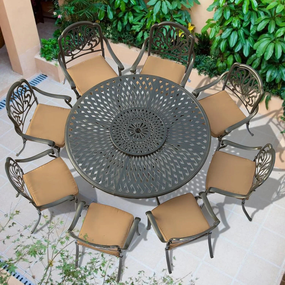 Nouveauté 2026 – Table de salle à manger d'extérieur VIVIJASON , 155 cm (61 po), pour 6 à 8 personnes, grande table ronde avec plateau tournant de 61 cm (24 po), en aluminium moulé bronze foncé au style rustique, avec trou pour parasol, idéale pour b