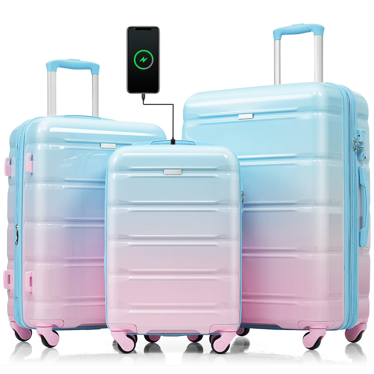 Nouveauté 2026 – Ensemble de 3 valises PAPROOS (51/61/71 cm), valise rigide légère avec port USB et crochets latéraux, bagage de voyage avec serrure TSA, valise à roulettes rigide pour l'école et les voyages, rose