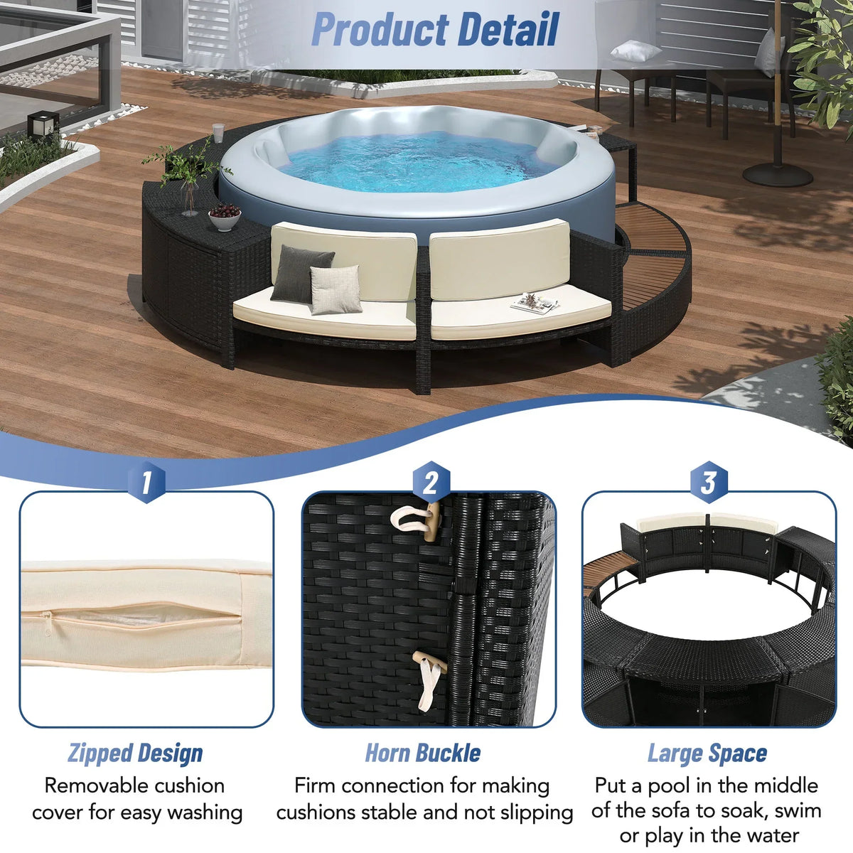 Nouveauté 2026 – Ensemble de mobilier de jardin Round pour spa , canapé d'angle en rotin avec mini-canapé, rangement pour spa en bois d'acacia massif, coussins gris