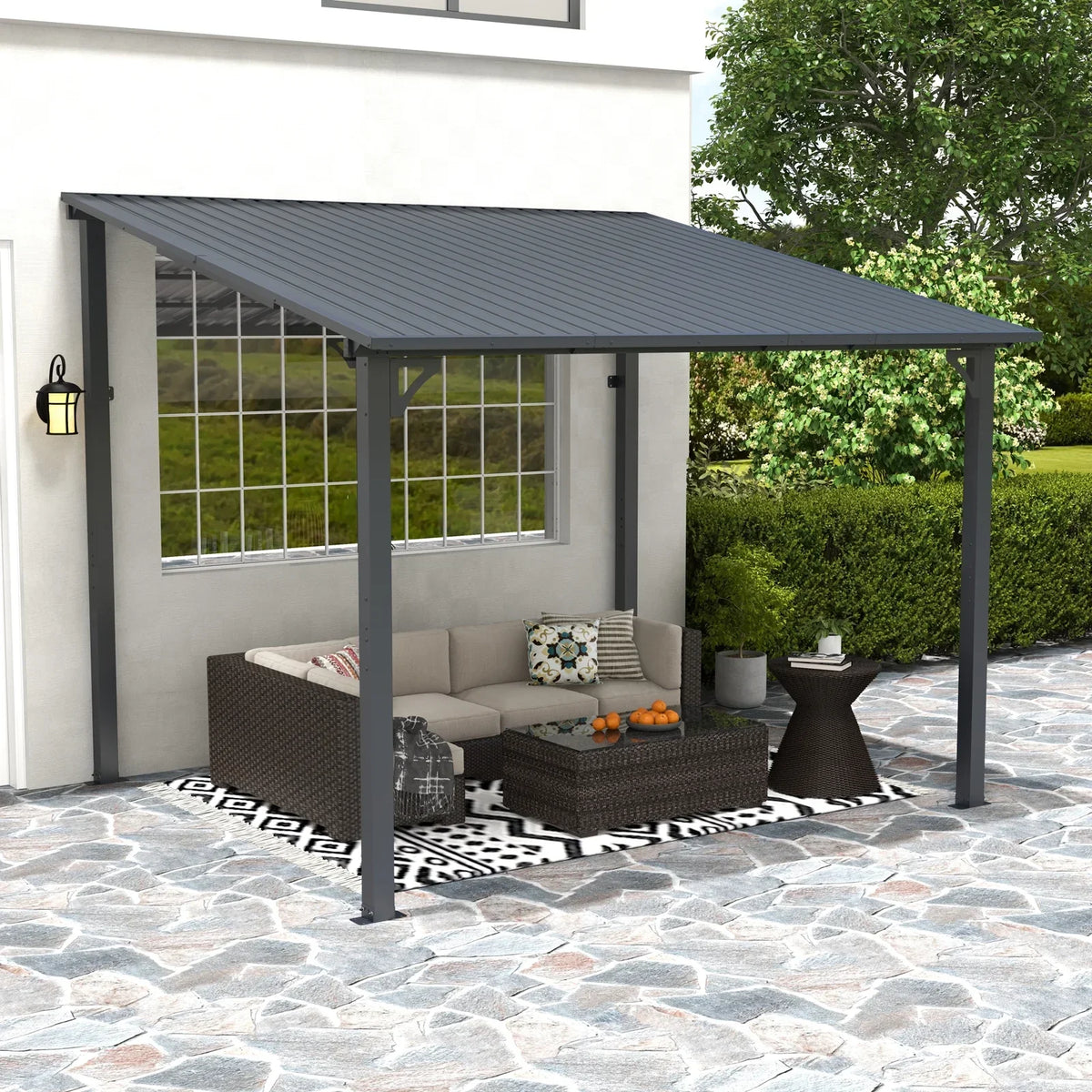 Nouveauté 2026 – Pergola extérieure neuve de 2,44 m x 3,05 m, tonnelle adossée, pergola métallique robuste avec toit rigide, idéale pour patio, jardin, terrasse ou piscine