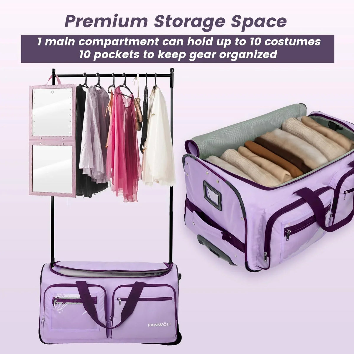 Nouveauté 2026 – Sac de danse Fegat avec portant - Sac de danse pliable à roulettes de 71 cm (28 pouces) pour compétitions, danse, spectacles, streamers et athlètes. Valise légère à roulettes