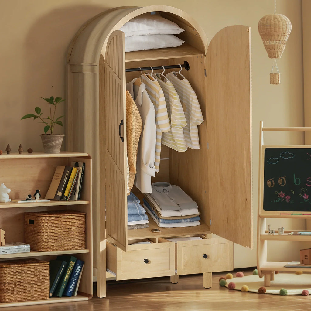 Nouveauté 2026 – Armoire-penderie cintrée Oubayajia avec portes cannelées, en bois, avec tiroirs, étagères et tringle pour chambre à coucher