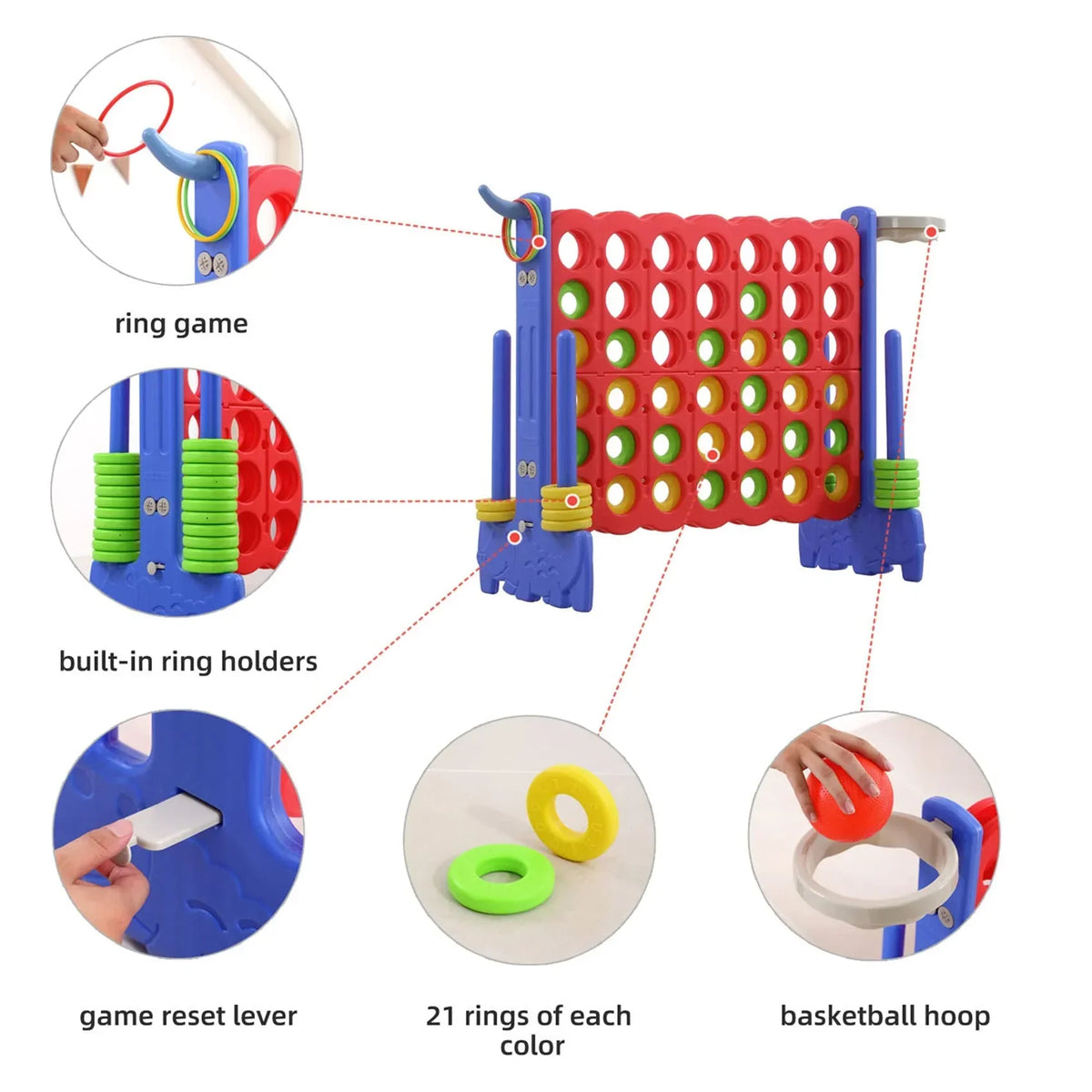 Nouveauté 2026 – Jeu géant 3-en-1 UNICOO® : panier de basket, jeu de lancer d'anneaux et jeu « 4 pour marquer ». Idéal pour les enfants et les adultes, les fêtes et les réunions. Sac de transport inclus (rouge et bleu