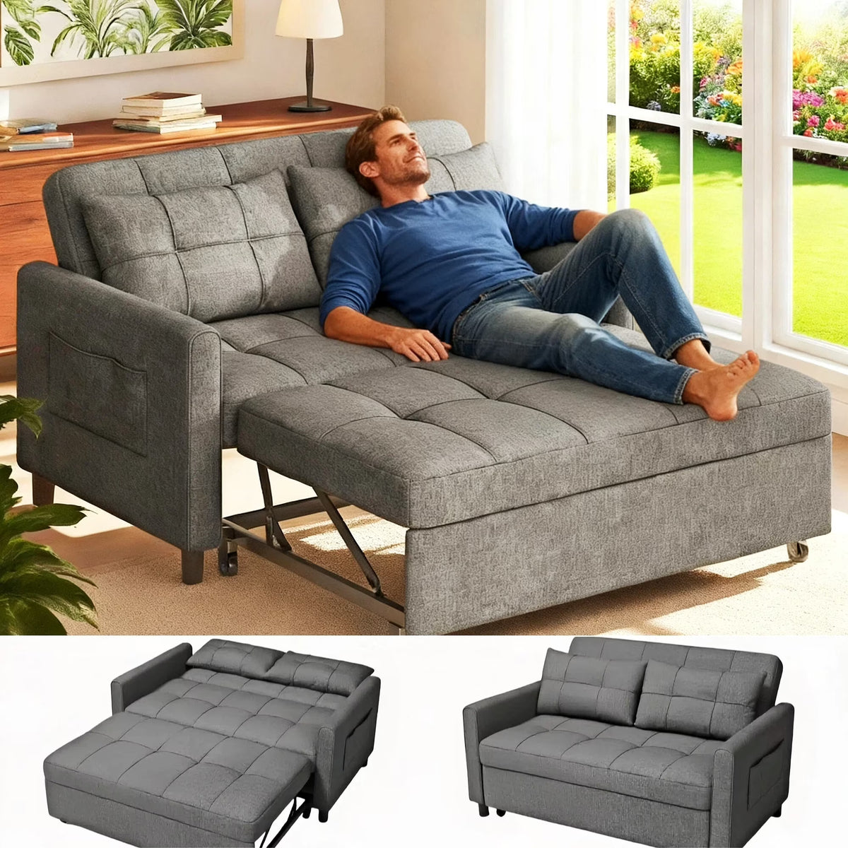 Nouveauté 2026 – Canapé-lit convertible 3 en 1 Lofka avec rangement, dossier réglable et fonction gigogne - Fauteuil-lit idéal pour les petits espaces et les appartements, gris foncé
