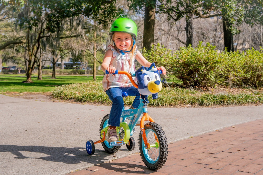 Nouveauté 2026 – Vélo BMX enfant Bluey 12 pouces (30,5 cm) avec stabilisateurs, sac en peluche, cadre en acier, frein à rétropédalage, 3-5 ans