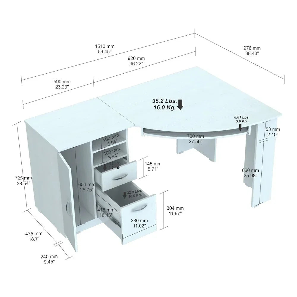 Nouveauté 2026 – Bureau d'angle moderne Inval avec 2 tiroirs et un placard, chêne blanchi