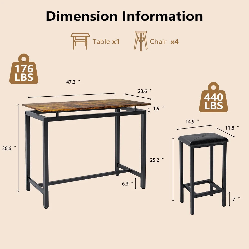 Nouveauté 2026 – Ensemble de table haute 5 places , table de bar et tabourets assortis, table à manger minimaliste avec tabourets sans dossier, ensemble table et chaises de bar avec plateau en bois pour cuisine, appartement ou bistrot - Gain de place