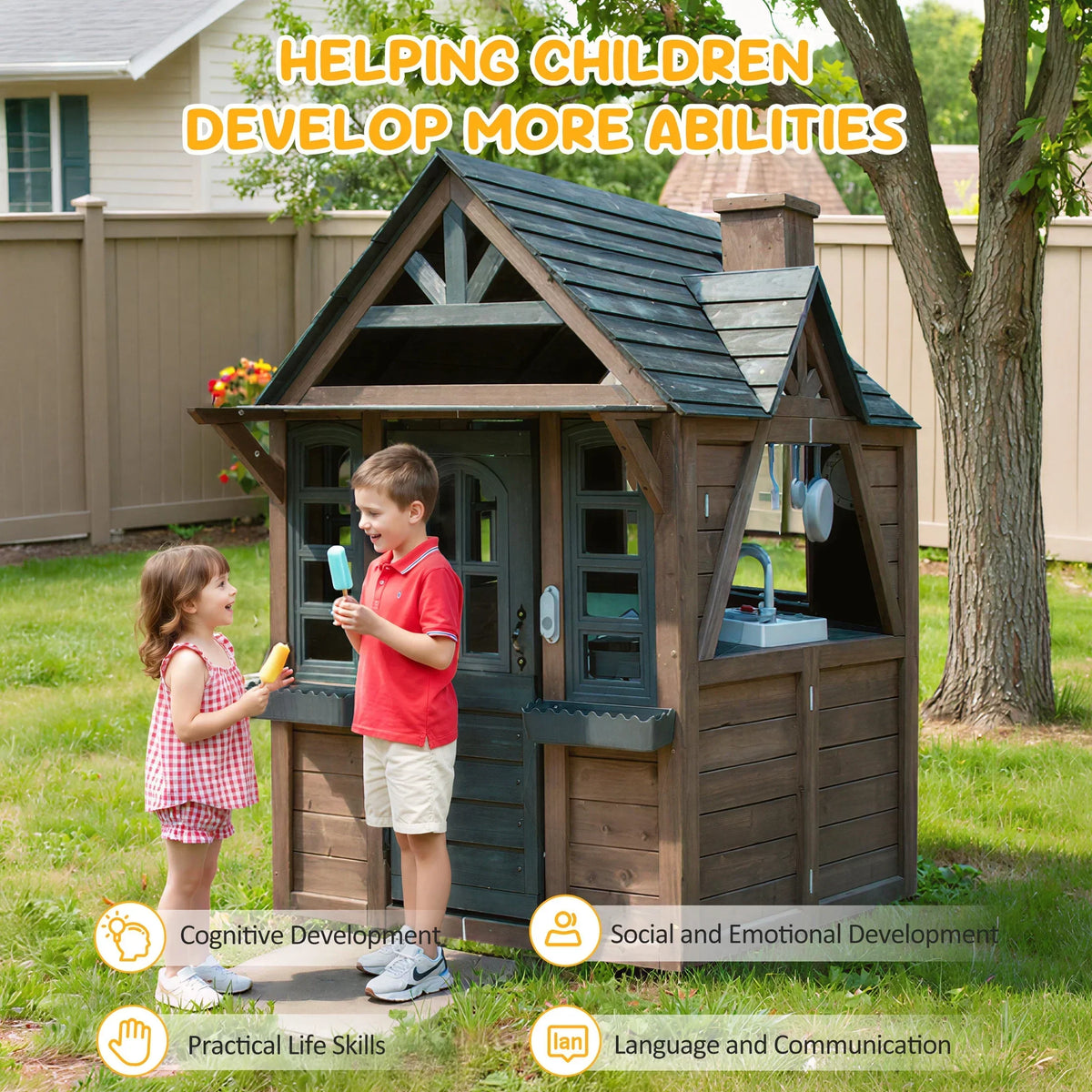 Nouveauté 2026 – Maisonnette d'extérieur COCLUB pour enfants de 4 à 8 ans, en bois, avec sonnette, téléphone et jouets de cuisine. Dimensions : 114 cm (L) x 165 cm (H). Couleurs : blanc et noir