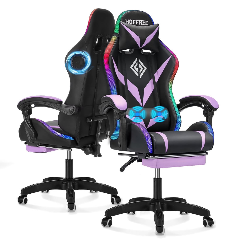 Nouveauté 2026 – Fauteuil de jeu Hoffree avec haut-parleurs intégrés, en cuir PU, repose-pieds et éclairage LED. Fauteuil ergonomique pour gamer avec massage, soutien lombaire et appui-tête pivotant et réglable. Idéal pour le télétravail et le bureau