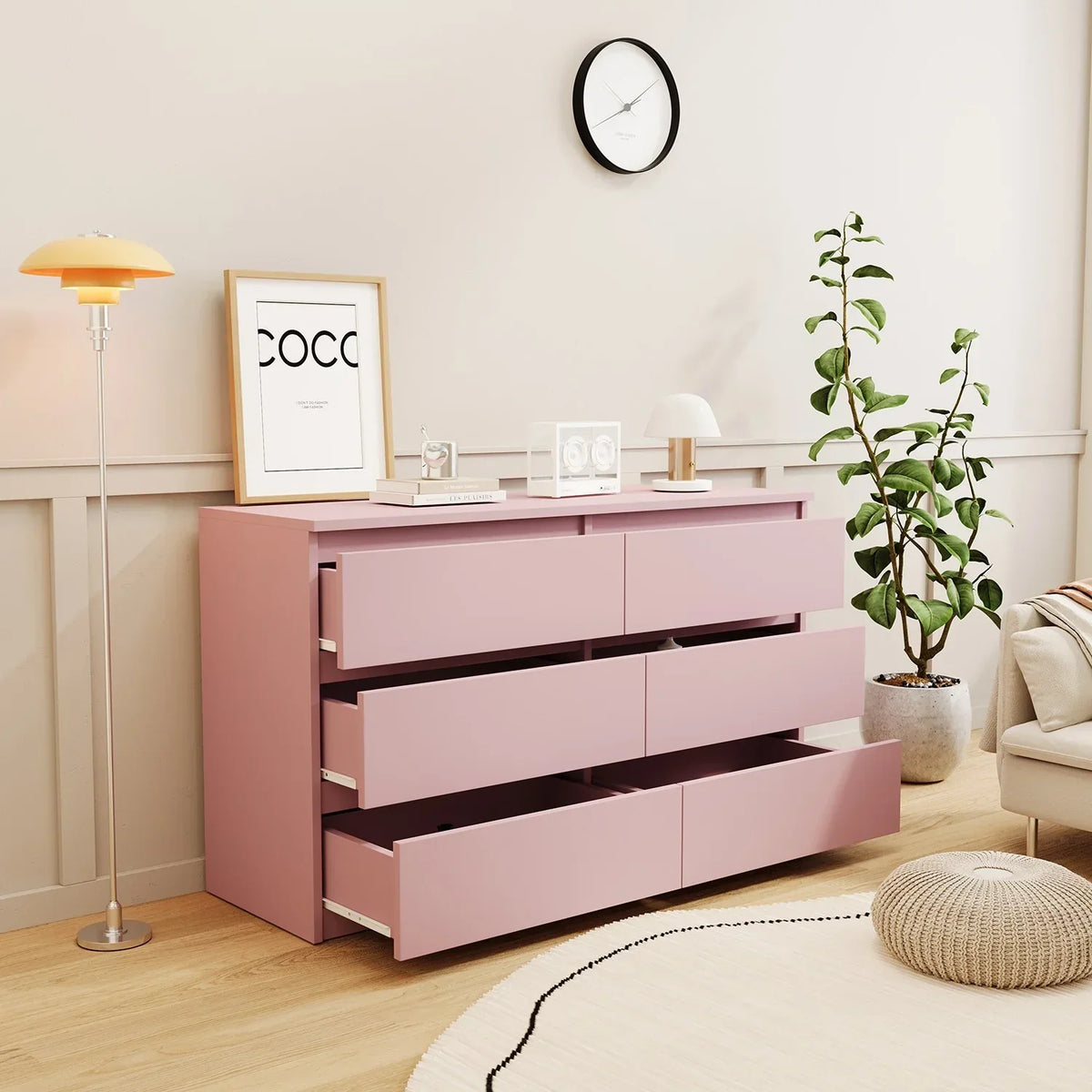 Nouveauté 2026 – Commode Resenkos moderne style milieu du siècle, 6 tiroirs, large, pour chambre à coucher, grise