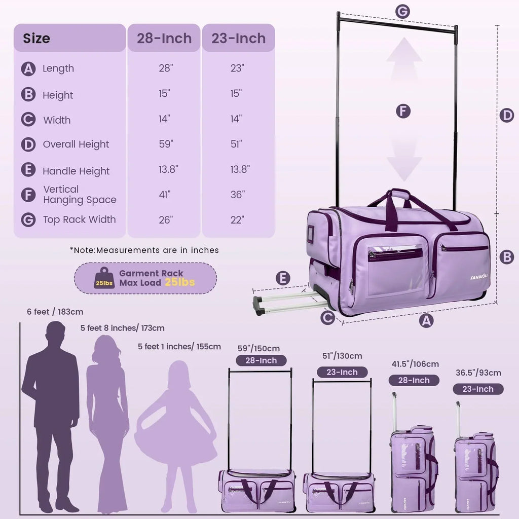 Nouveauté 2026 – Sac de danse Fegat avec portant - Sac de danse pliable à roulettes de 71 cm (28 pouces) pour compétitions, danse, spectacles, streamers et athlètes. Valise légère à roulettes