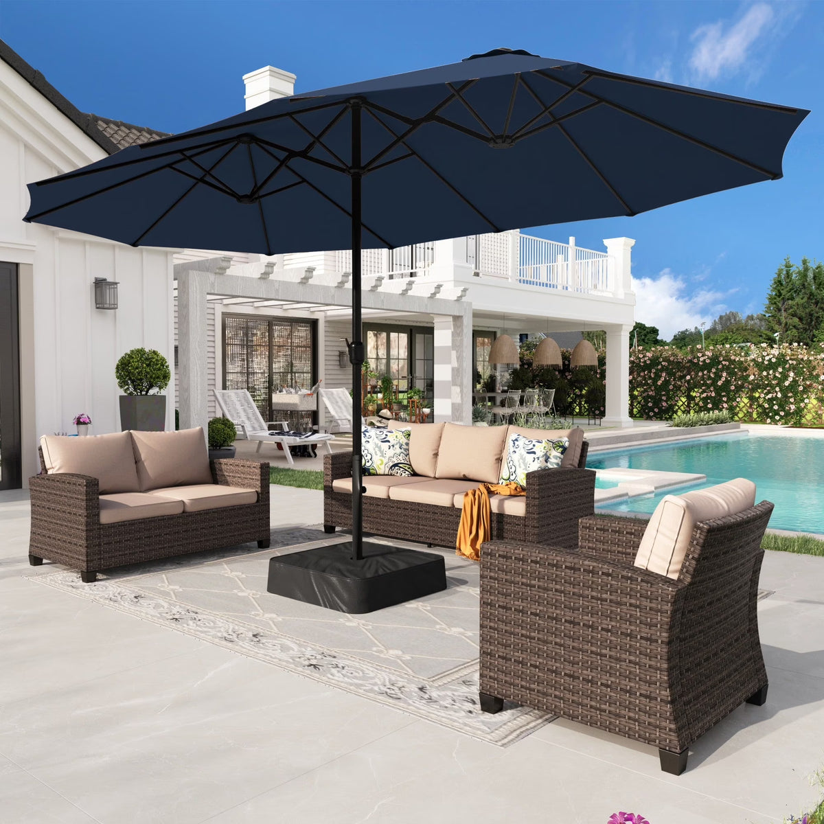 Nouveauté 2026 – Parasol de jardin extra-large Alpha Joy 4,57 m (15 pi) à double face avec manivelle et base - Gris fumé