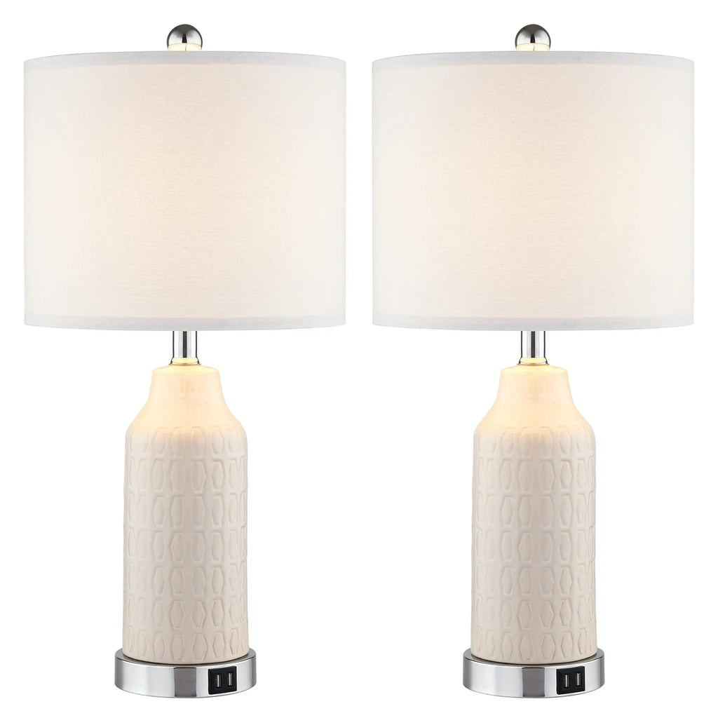 Nouveauté 2026 – Ensemble de 2 lampes de table Cinkeda pour salon et chambre à coucher, avec ports USB, prise secteur, intensité réglable à 3 niveaux, veilleuse tactile, style champêtre, motif floral blanc, lampes de chevet