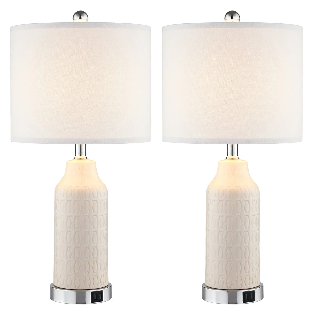 Nouveauté 2026 – Ensemble de 2 lampes de table Cinkeda pour salon et chambre à coucher, avec ports USB, prise secteur, intensité réglable à 3 niveaux, veilleuse tactile, style champêtre, motif floral blanc, lampes de chevet