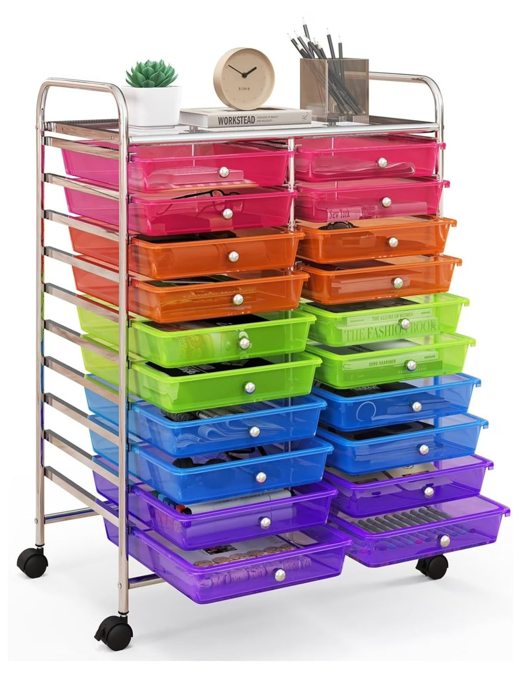 Nouveauté 2026 – Chariot de rangement à 20 tiroirs avec roulettes, semi-transparent, mobile, pour l'école, la salle de classe, le bureau, la maison, le salon, le rangement pour dossiers, scrapbooking et loisirs créatifs