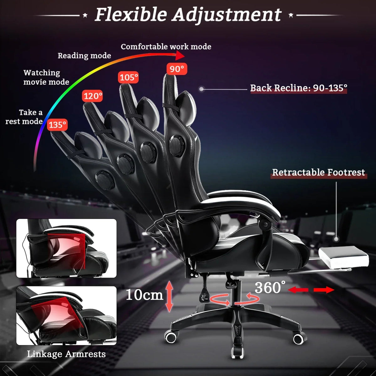 Nouveauté 2026 – Fauteuil de jeu Hoffree avec haut-parleurs intégrés, en cuir PU, repose-pieds et éclairage LED. Fauteuil ergonomique pour gamer avec massage, soutien lombaire et appui-tête pivotant et réglable. Idéal pour le télétravail et le bureau