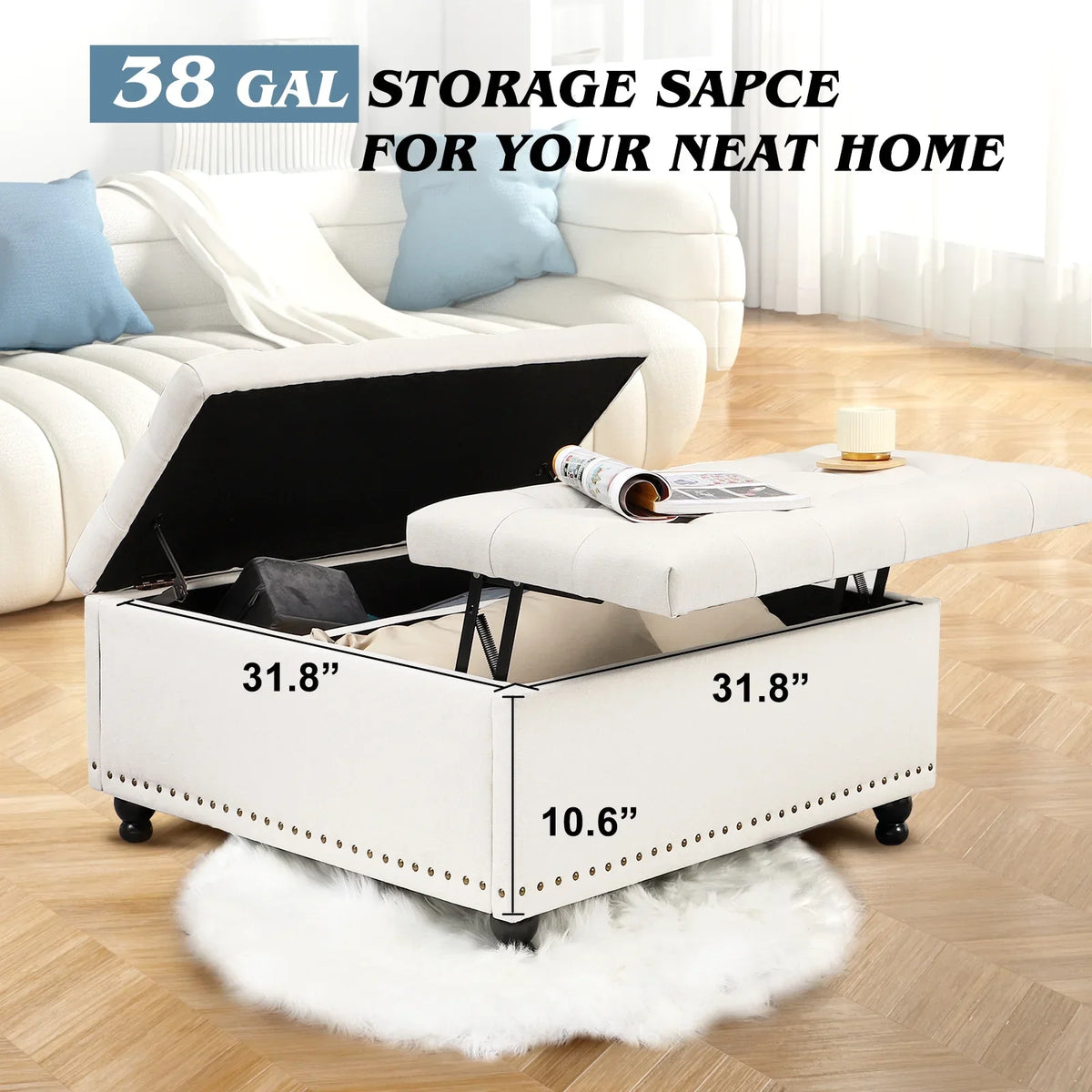 Nouveauté 2026 – Pouf de rangement carré Magic Union 35" , grand modèle, avec plateau relevable et revêtement capitonné, idéal pour le salon (beige