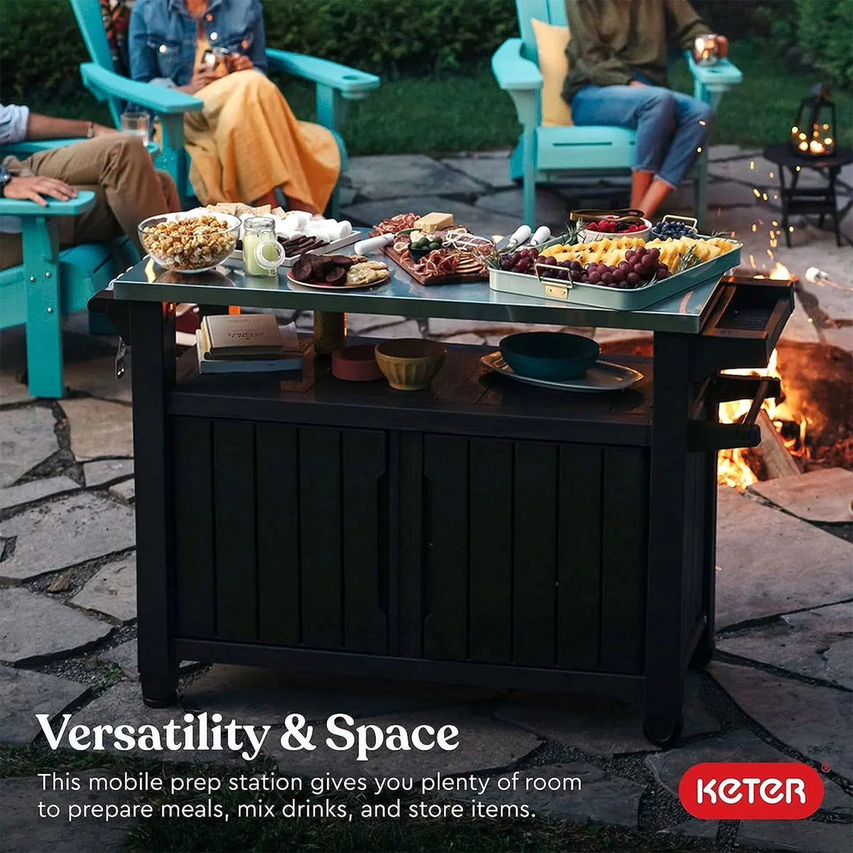 Nouveauté 2026 – Chariot de bar de cuisine extérieure Keter Unity XL avec armoire de rangement, marron