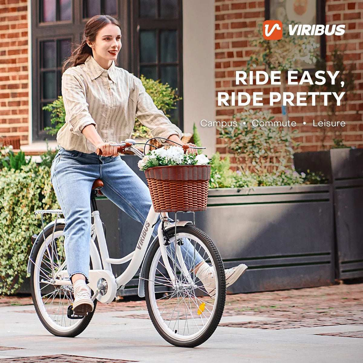 Nouveauté 2026 – Vélo confort femme Viribus , 24 pouces, style cruiser plage et ville, avec panier, blanc