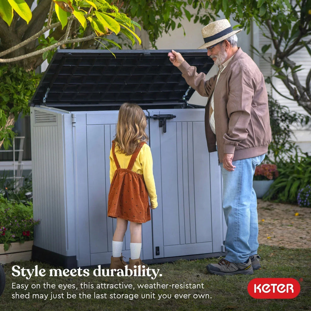 Nouveauté 2026 – Abri de jardin Keter Store-It-Out Prime , 1,3 x 1,1 m, en résine grise, avec charnières à levage facile. Idéal pour ranger outils de jardin, jouets de piscine et accessoires de jardin