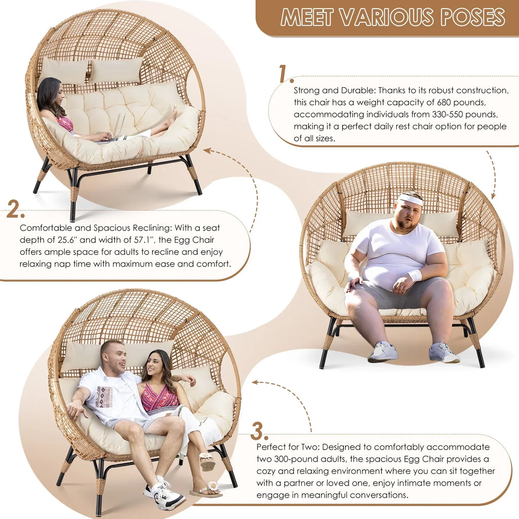 Nouveauté 2026 – Fauteuil double œuf RADIATA pour 2 personnes, canapé deux places surdimensionné en résine tressée avec coussins épais, capacité de 308 kg, fauteuil de jardin/terrasse fixe pour intérieur/extérieur, balcon, jardin, beige