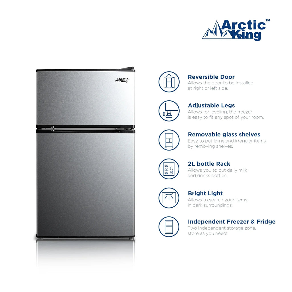 Nouveauté 2026 – Mini-réfrigérateur à deux portes Arctic King 3,2 pi³ avec congélateur, acier inoxydable, E-Star