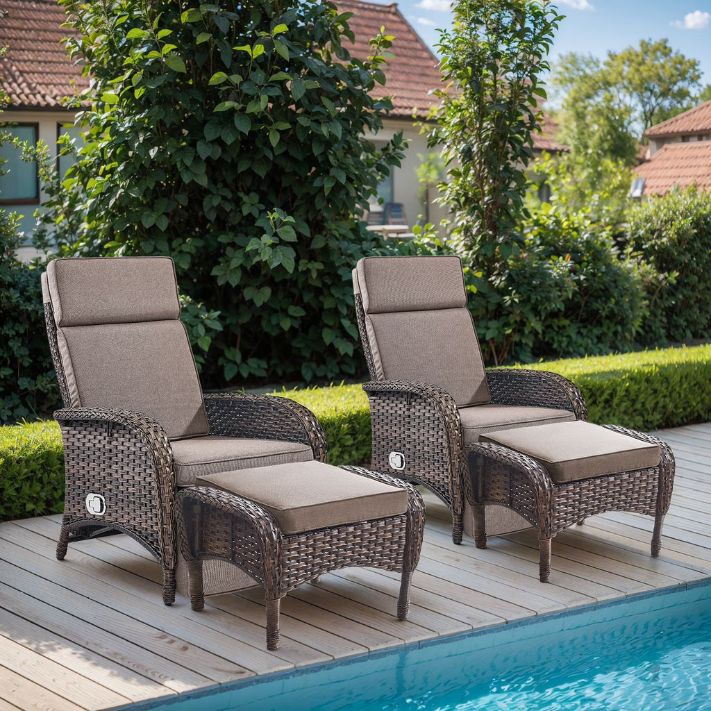 Nouveauté 2026 – Fauteuil inclinable d'extérieur OPOHORO , chaise longue de patio inclinable réglable avec coussin, en osier, avec dossier et repose-pieds réglables, idéal pour le bord de la piscine, beige