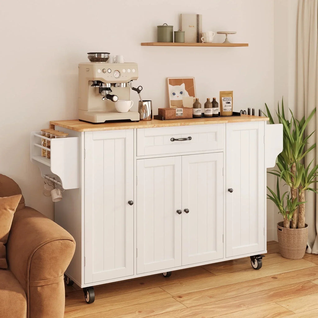 Nouveauté 2026 – Îlot de cuisine Noelse avec rangements, table d'appoint rabattable, porte-épices et porte-serviettes pour petites cuisines, blanc
