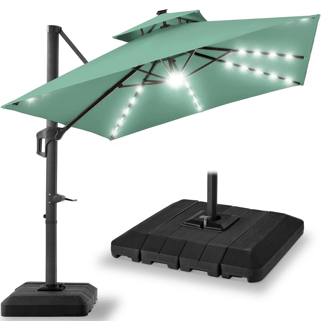 Nouveauté 2026 – Parasol de terrasse carré déporté à deux niveaux, 3 x 3 m, à éclairage solaire LED, avec base incluse (Best Choice Products, ) - Beige