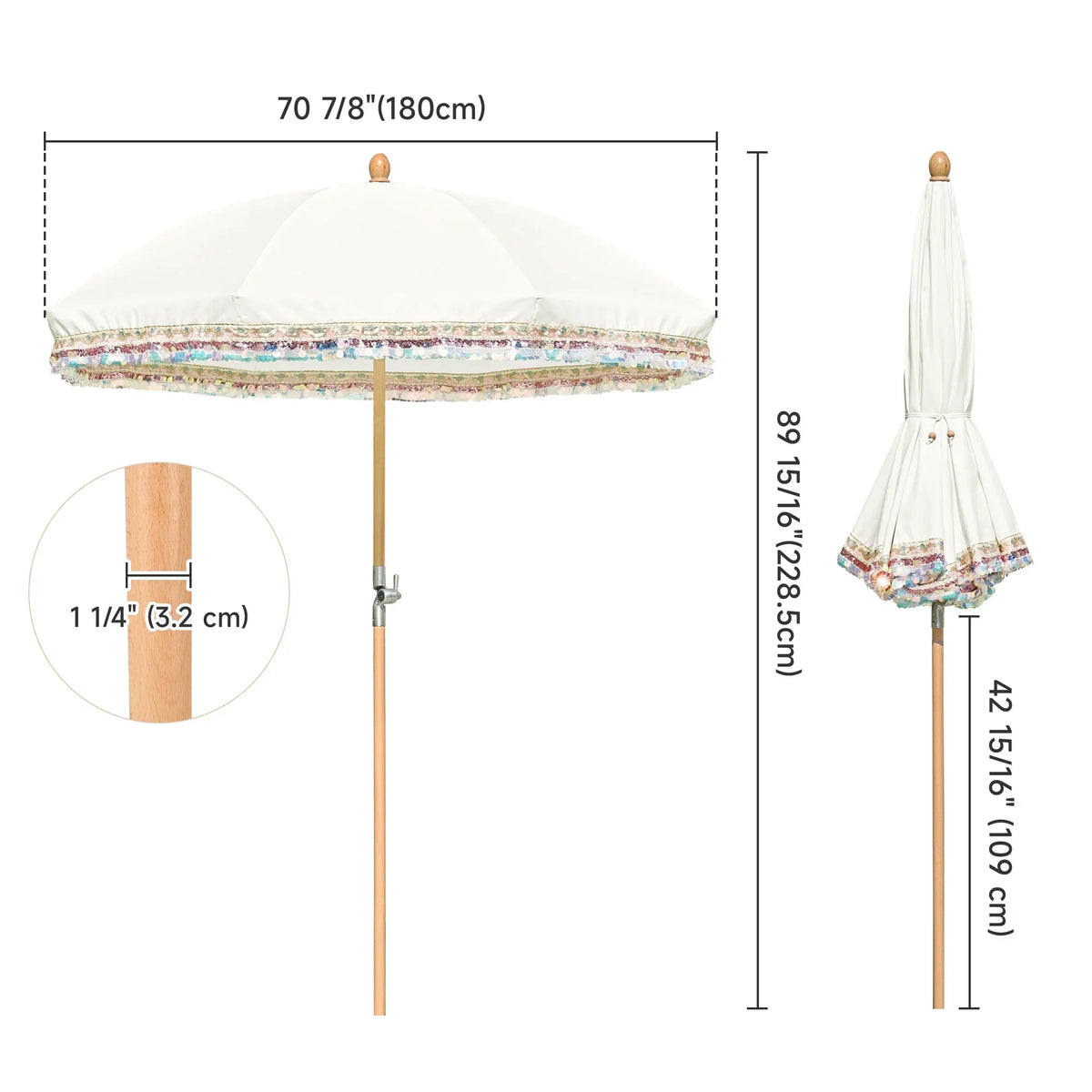 Nouveauté 2026 – Parasol de terrasse LAGarden de 1,8 m à franges et pompon, style Jazz Age, en bois, protection UPF50+, beige avec pompon doré, modèle : JZ6-01