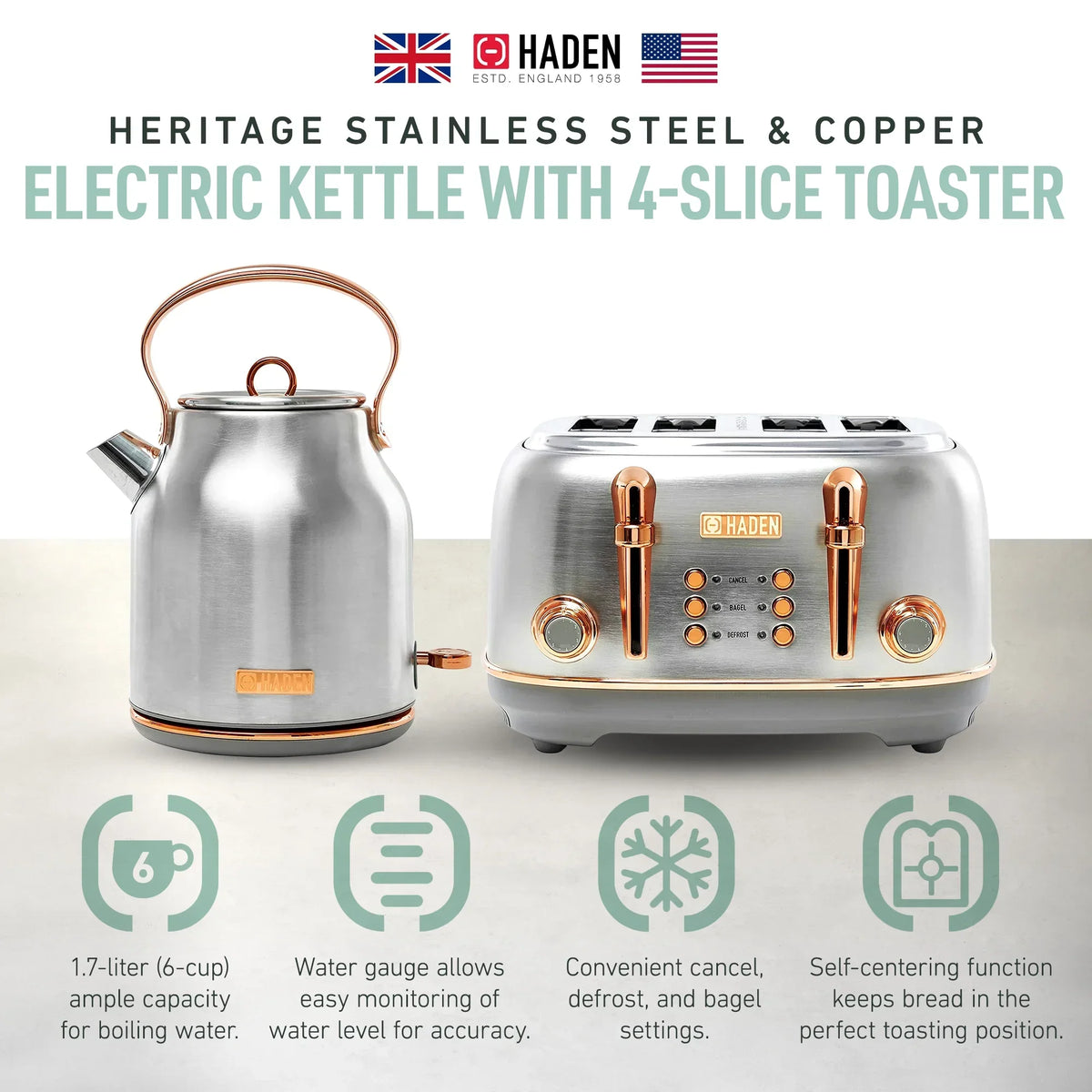 Nouveauté 2026 – Bouilloire électrique Haden Heritage 1500 1,7 W , finition noir mat avec accents cuivrés