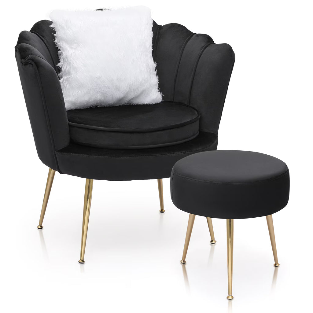 Nouveauté 2026 – Ensemble de 2 fauteuils d'appoint MoNiBloom , capitonnés en velours, avec coussin et repose-pieds. Fauteuil moderne rembourré, assise capitonnée et pieds en métal doré, idéal pour le salon. Couleur : noir