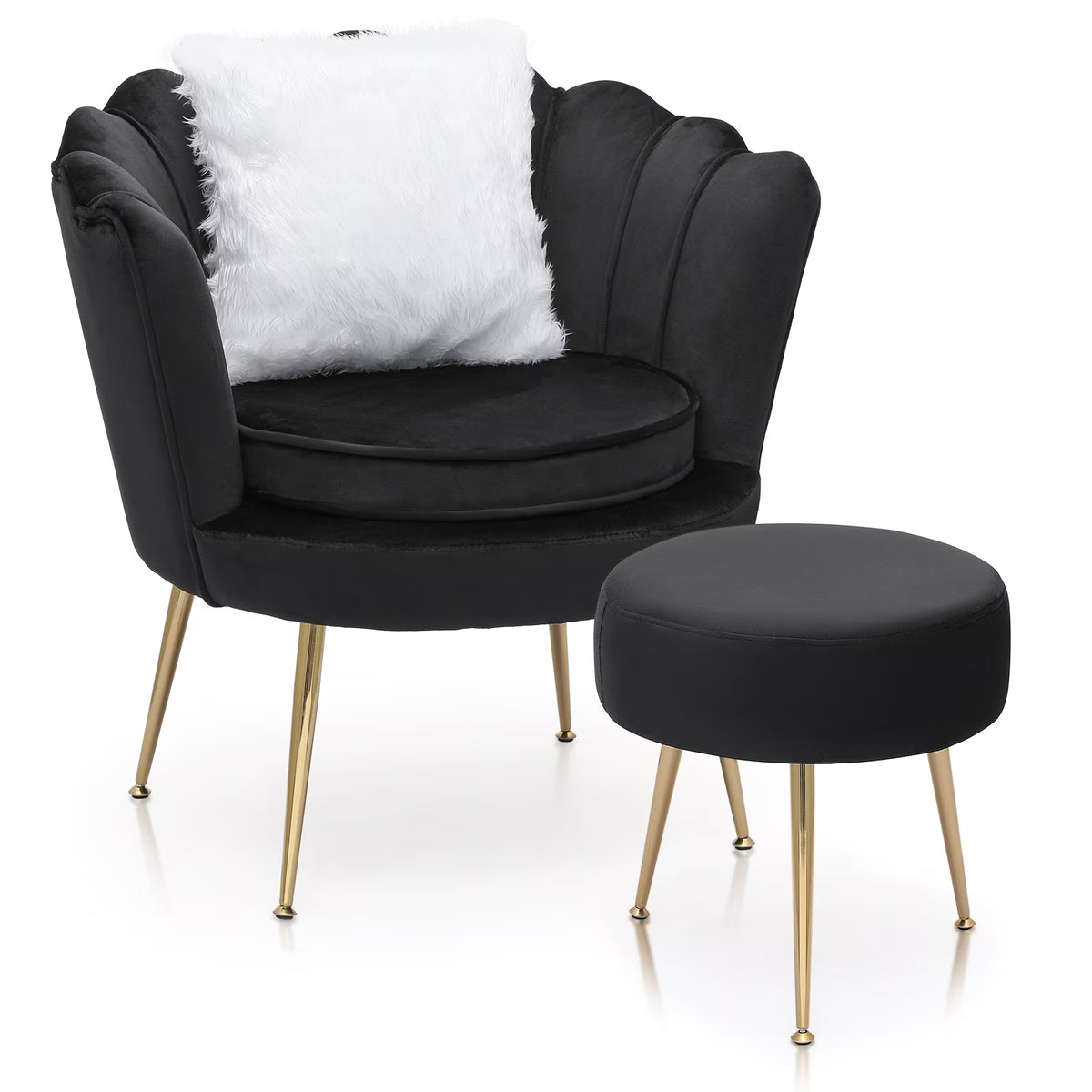 Nouveauté 2026 – Ensemble de 2 fauteuils d'appoint MoNiBloom , capitonnés en velours, avec coussin et repose-pieds. Fauteuil moderne rembourré, assise capitonnée et pieds en métal doré, idéal pour le salon. Couleur : noir