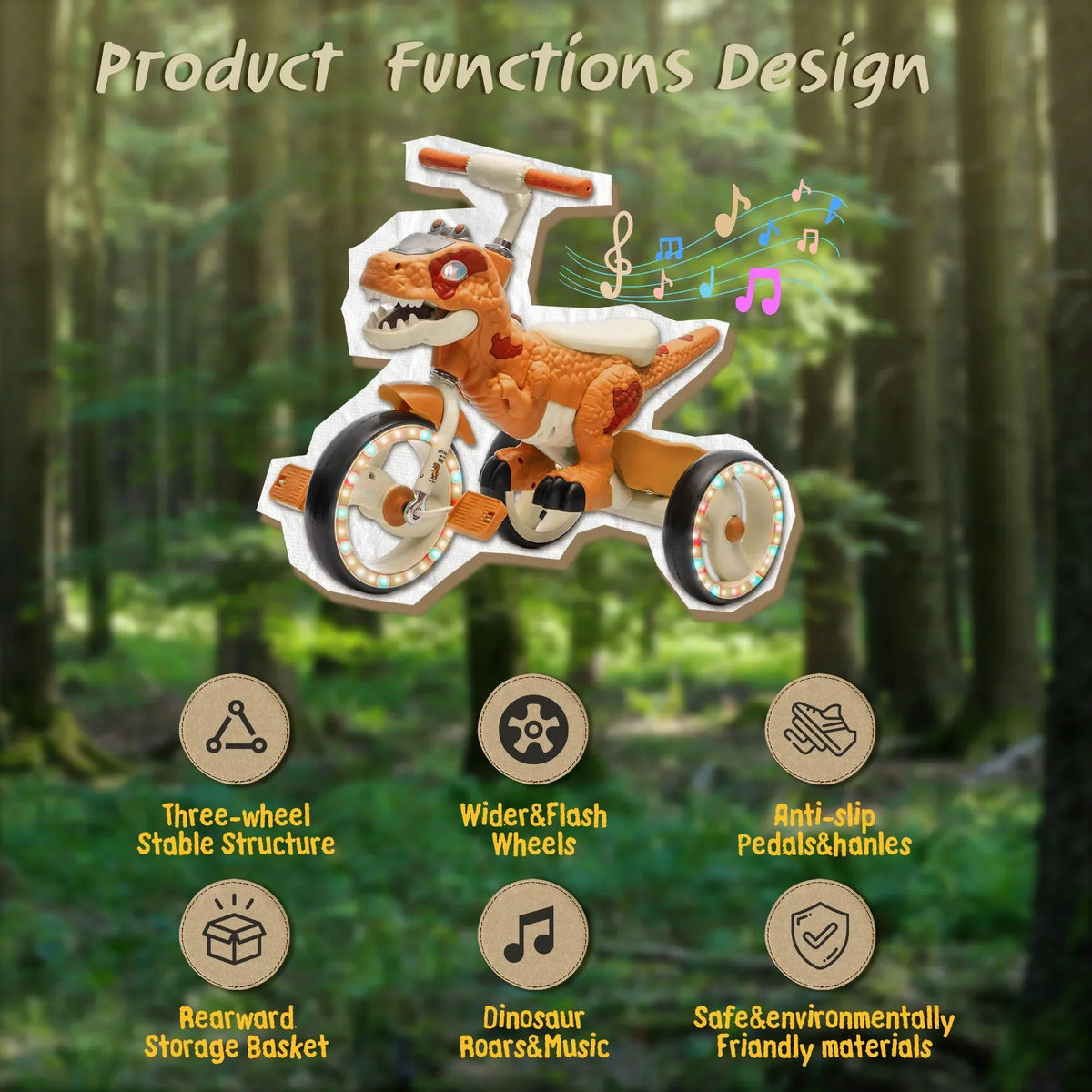 Nouveauté 2026 – Tricycle dinosaure Xuanlur pour enfants , avec larges roues lumineuses, pédales antidérapantes, panier arrière, musique et lumières LED, jouet idéal pour les enfants de 3 à 6 ans (vert
