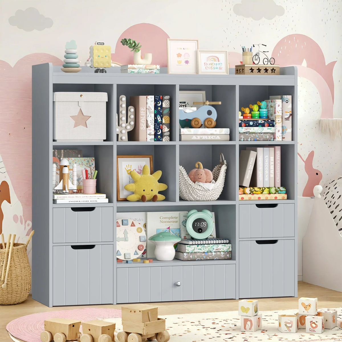 Nouveauté 2026 – Coffre de rangement pour jouets Homfa avec compartiments, tiroirs amovibles, bibliothèque pour chambre ou salon, gris