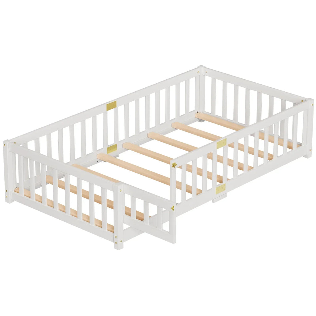 Nouveauté 2026 – Lit de sol Montessori pour tout-petits (taille jumelle), cadre de lit en bois massif avec barrière et porte, pour filles et garçons