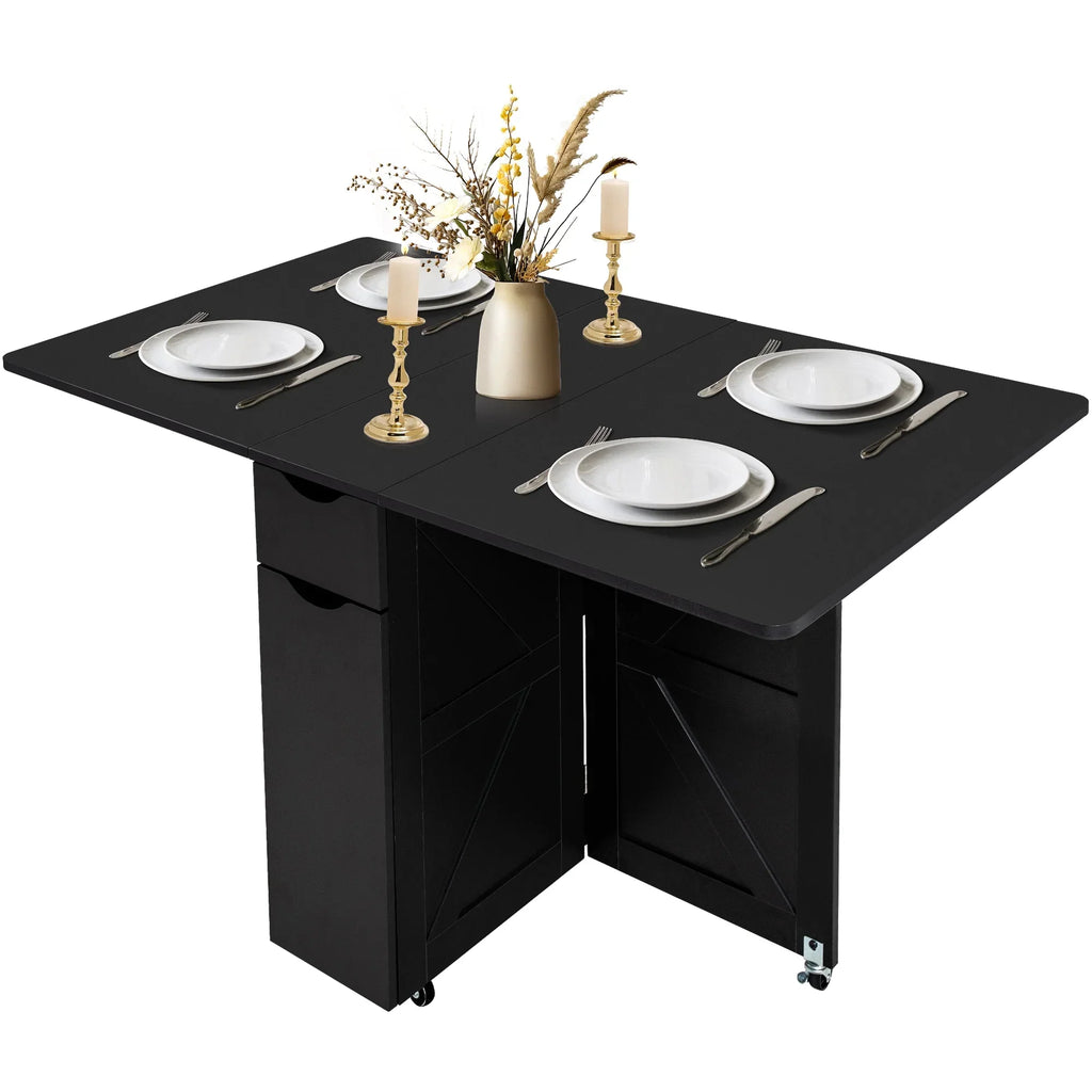 Nouveauté 2026 – Table de salle à manger pliante spanspace , table à abattants avec 6 roulettes et étagère de rangement à 2 niveaux, table gain de place pour petits espaces, table de cuisine pliante, blanche