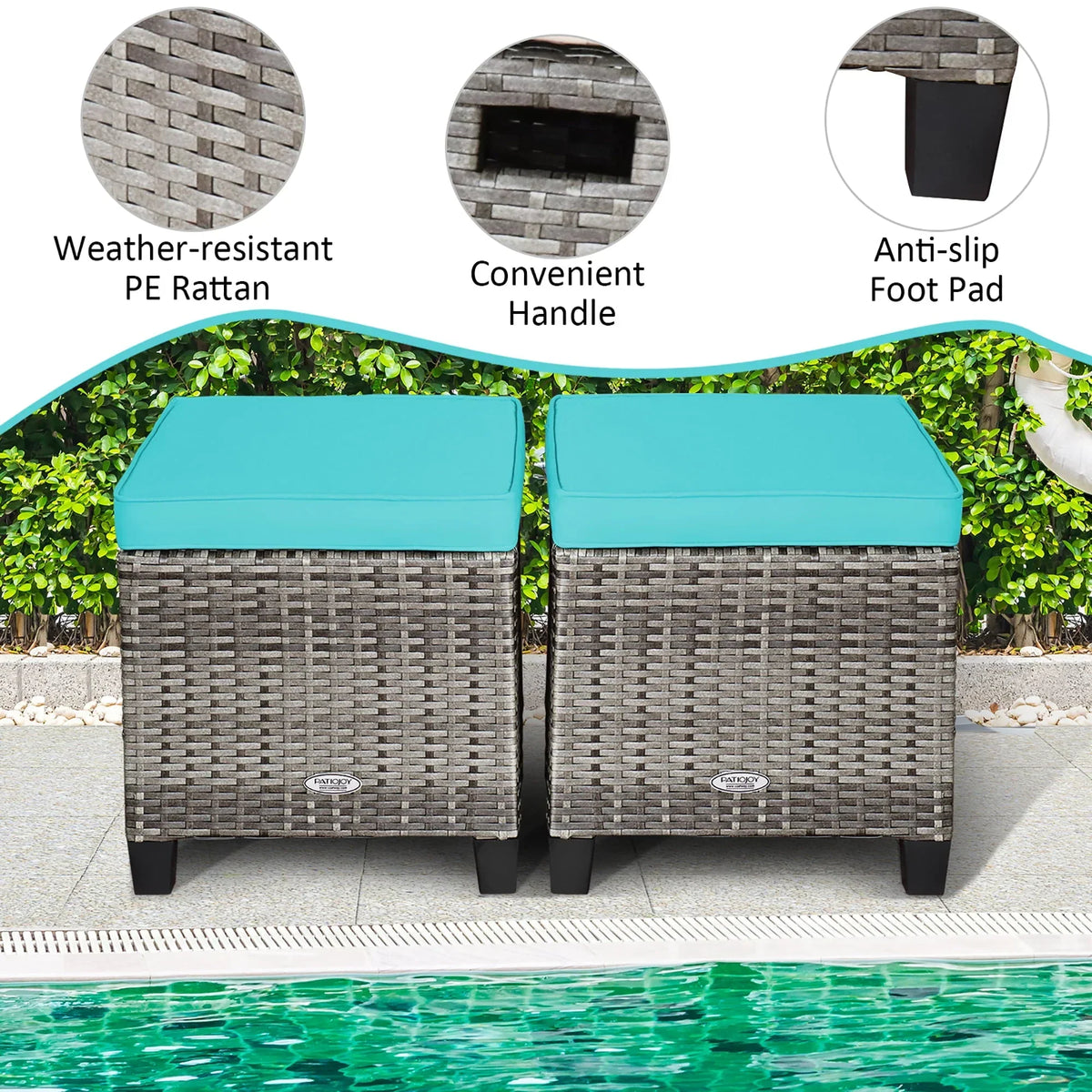 Nouveauté 2026 – Costway Ensemble de 2 poufs de patio rembourrés en rotin, repose-pieds et table turquoise
