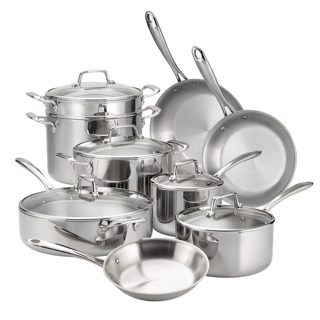Nouveauté 2026 – Ensemble de 14 pièces de batterie de cuisine Tramontina en acier inoxydable triple couche avec couvercles en verre
