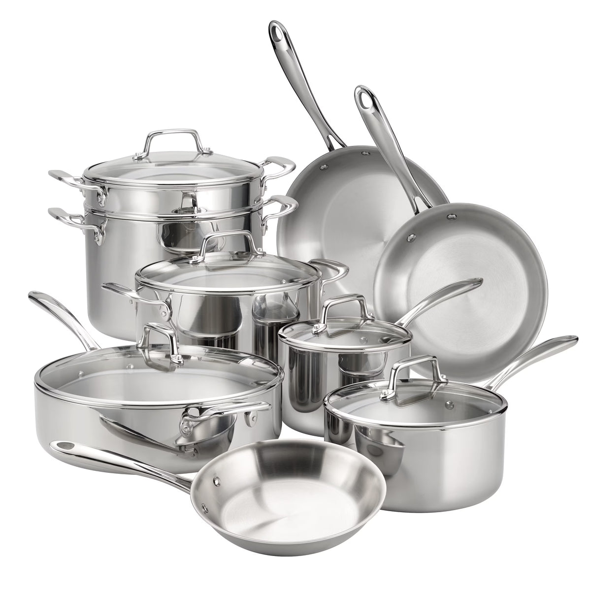 Nouveauté 2026 – Ensemble de 14 pièces de batterie de cuisine Tramontina en acier inoxydable triple couche avec couvercles en verre