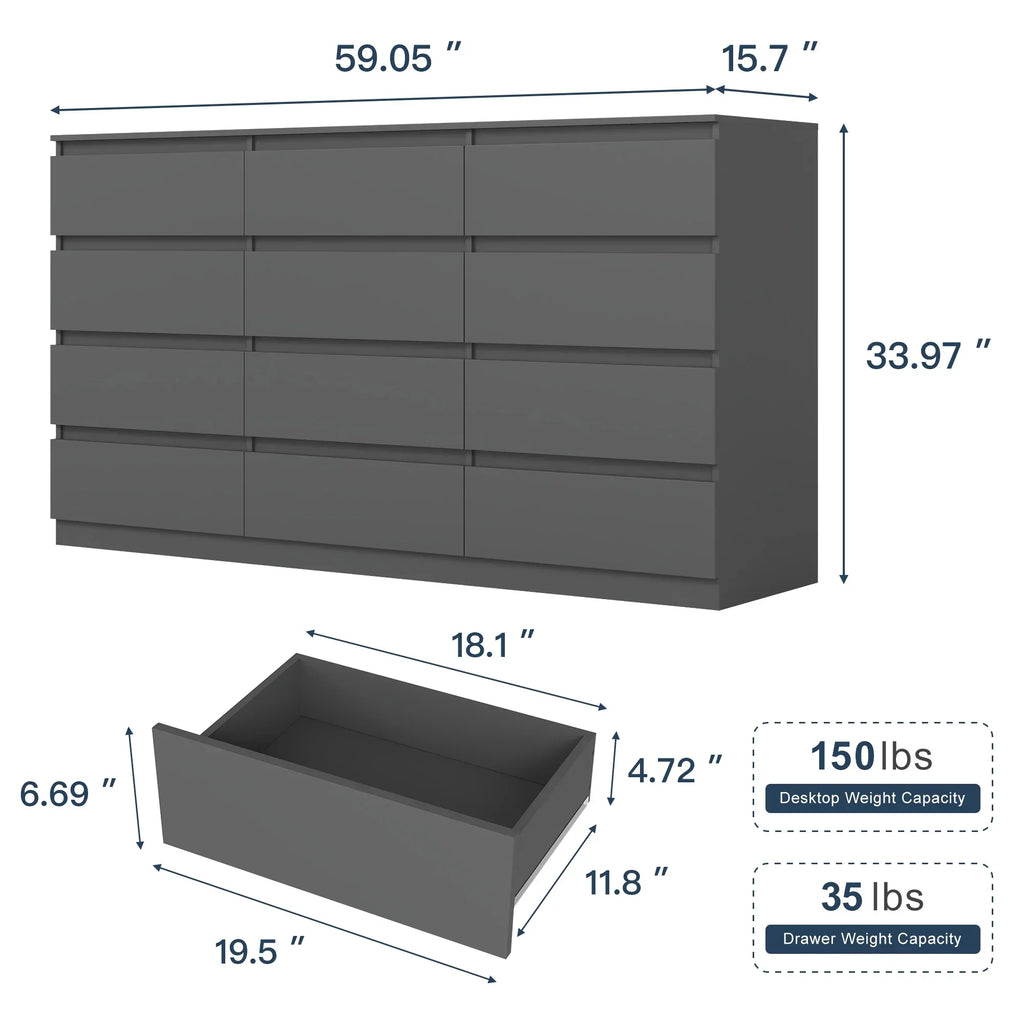 Nouveauté 2026 – Commode Resenkos moderne style milieu du siècle, 6 tiroirs, large, pour chambre à coucher, grise