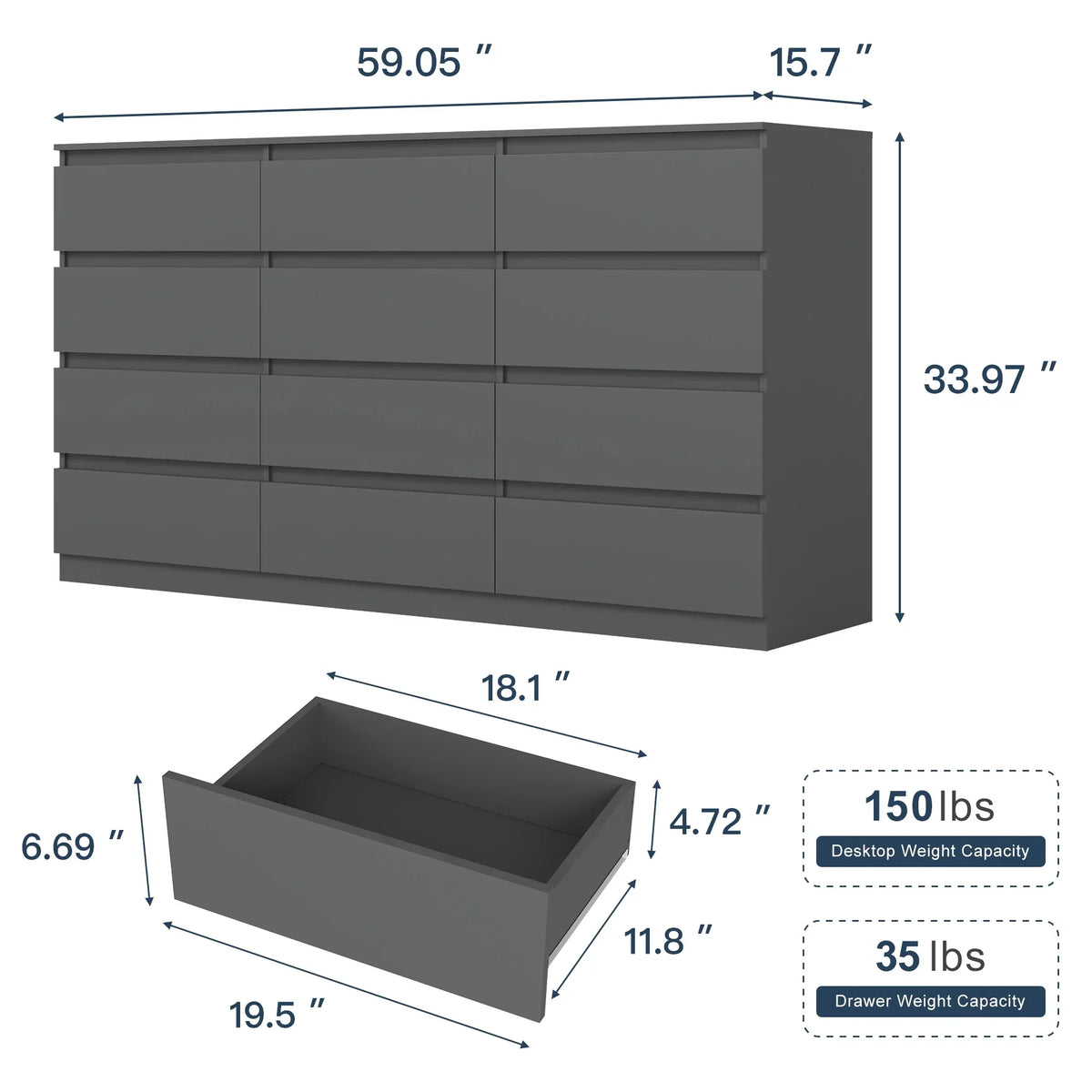 Nouveauté 2026 – Commode Resenkos moderne style milieu du siècle, 6 tiroirs, large, pour chambre à coucher, grise