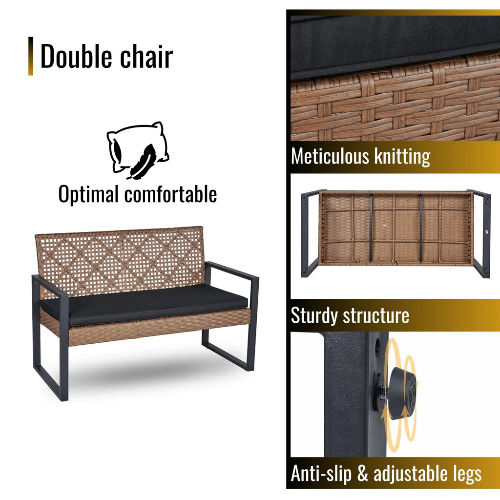 Nouveauté 2026 – Ensemble de mobilier de patio robuste , ensemble de conversation d'extérieur sectionnel 4 pièces, ensemble de canapé de patio en rotin PE marron avec coussins bleus
