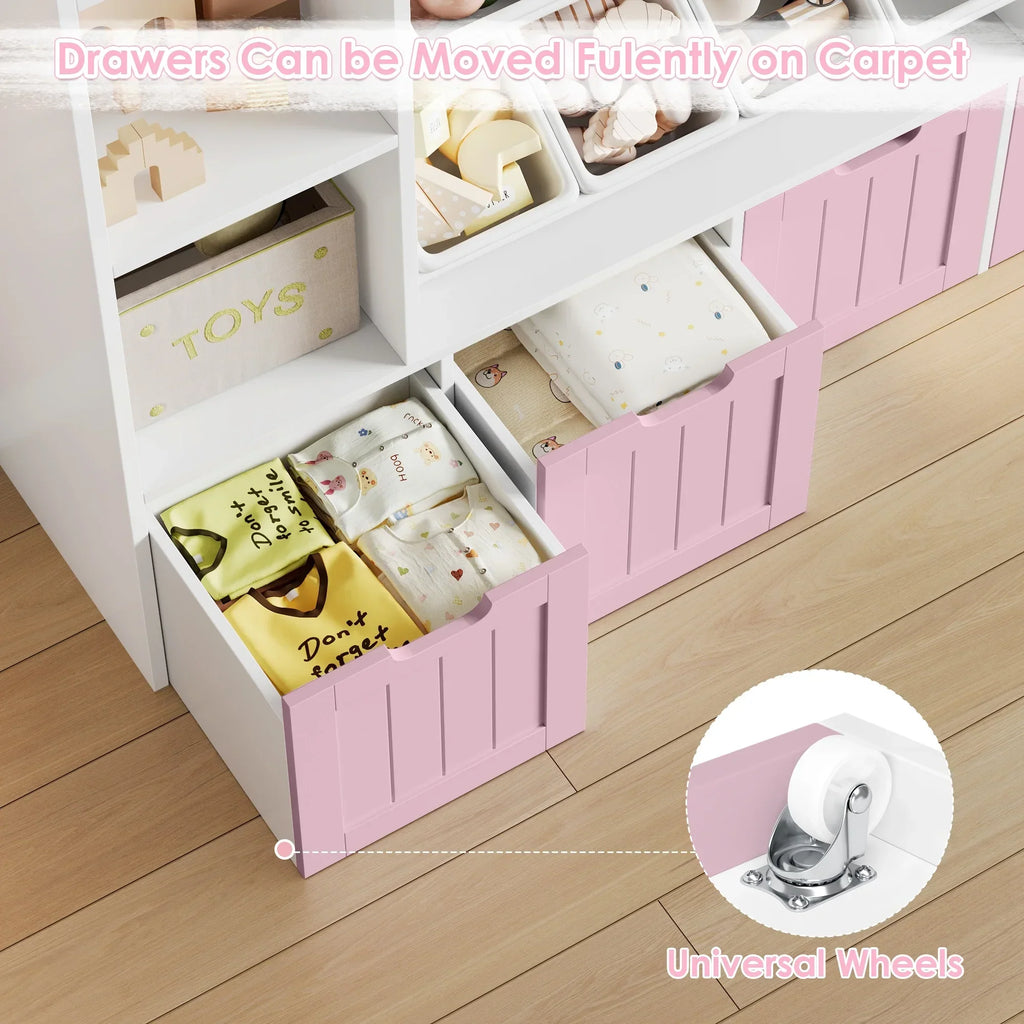 Nouveauté 2026 – Bibliothèque enfant Hiphuta à 3 niveaux avec rangement pour jouets, en bois, composée de 6 boîtes et 4 tiroirs amovibles, blanche