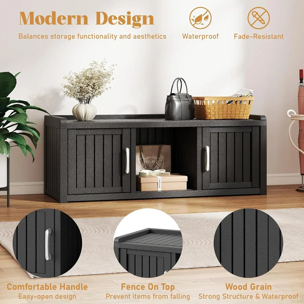 Nouveauté 2026 – Meuble de rangement à chaussures d'extérieur KAMABOKO , banc de rangement étanche et résistant aux UV pour entrée, intérieur et extérieur, avec 2 portes coulissantes de style grange et étagères réglables pour entrée, chambre, couloir